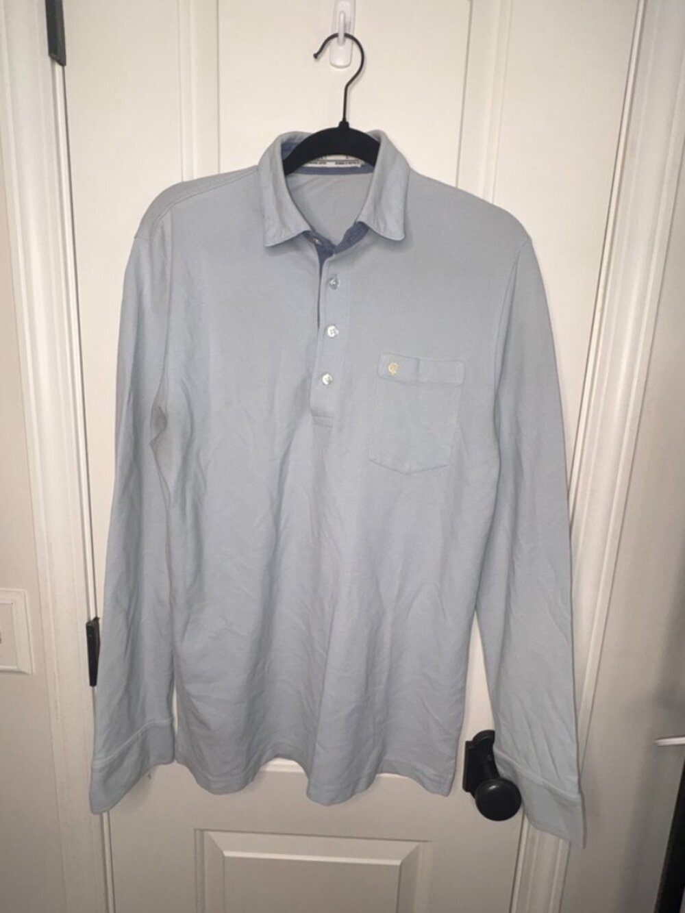 Men's Criquet Long Sleeve Polo Shirt Sky Blue Size L 100% Organic Cotton